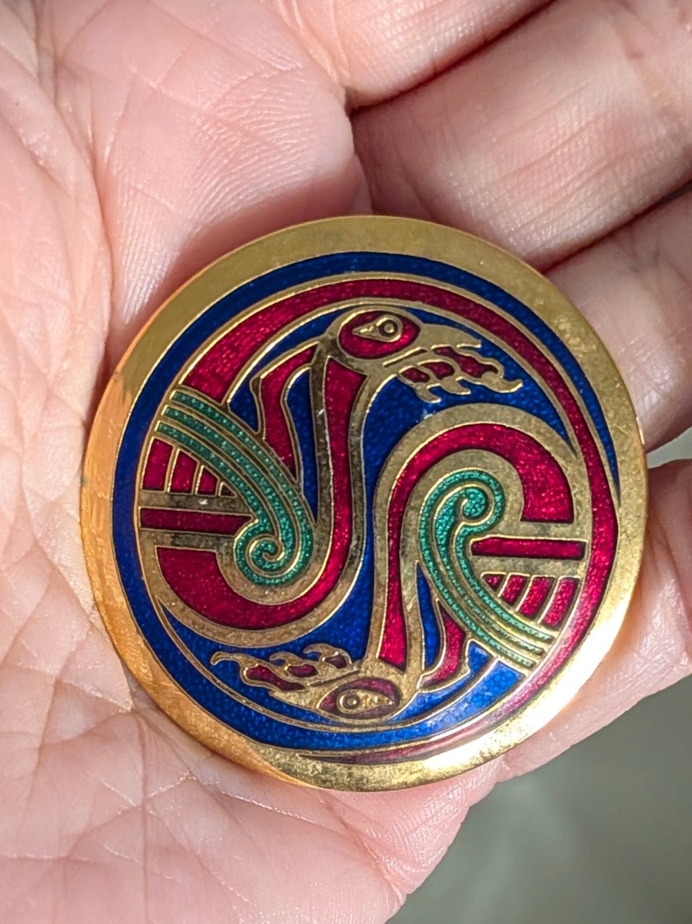 Vtg SeaGems Serpent Cloisonne Blue & Red Enamel Brooch